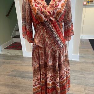 Westport Red and Orange Paisley 3/4 Sheer Sleeve Dress